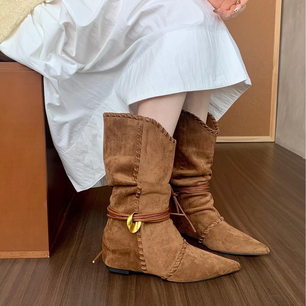 Inner Heightening Pointed Retro Babes Short Boots Women's Shoes 2025 Autumn and Winter Single Boots Brown Maillard Western Cowboy Boots