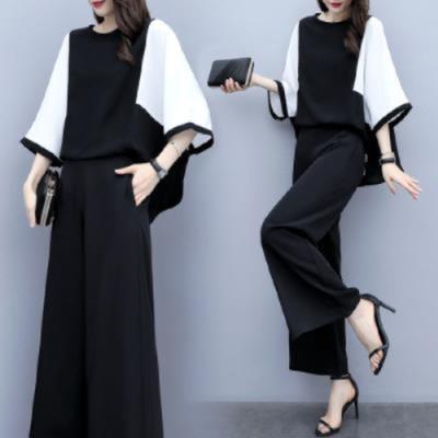 Women's Spring and Summer Two-piece Pants Stitching Loose Top Wide-leg Pants Casual Fashion Suit Women