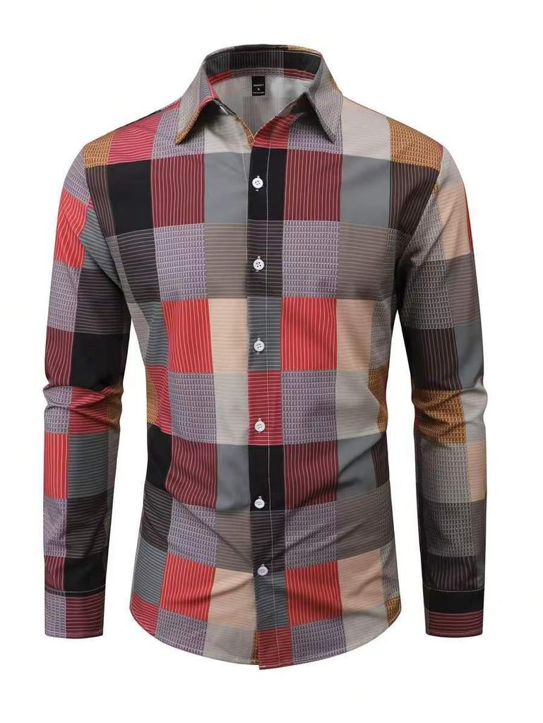 Men's Plaid Pattern Digital Print Long-Sleeve Button-Up Shirt for Autumn and Winter