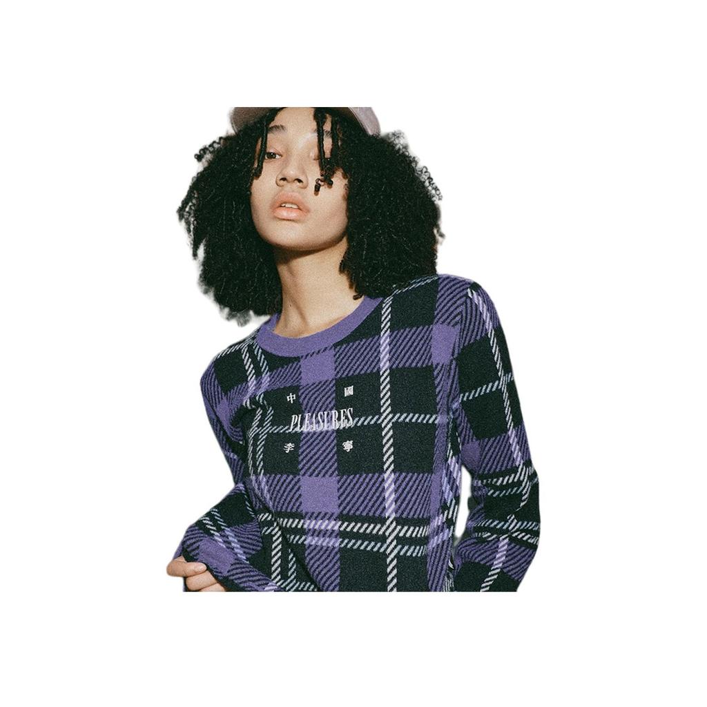 Li Ning X Pleasures Collaboration Plaid Round Neck Pullover Slim Knit Sweater Women Sweater Black Ultraviolet-Plaid AMBT232-2