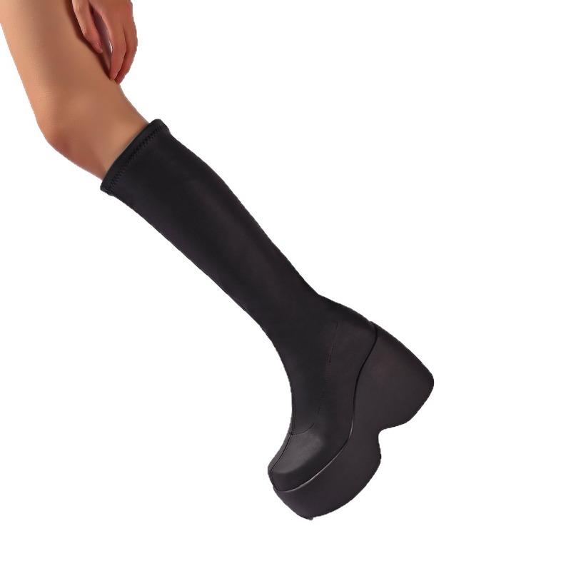 Damen Überweite Plateau-Stiefel, Stretch-Ankle-Boots mit eckiger Spitze, Chunky Heel Großhandel Stiefeletten für Damen