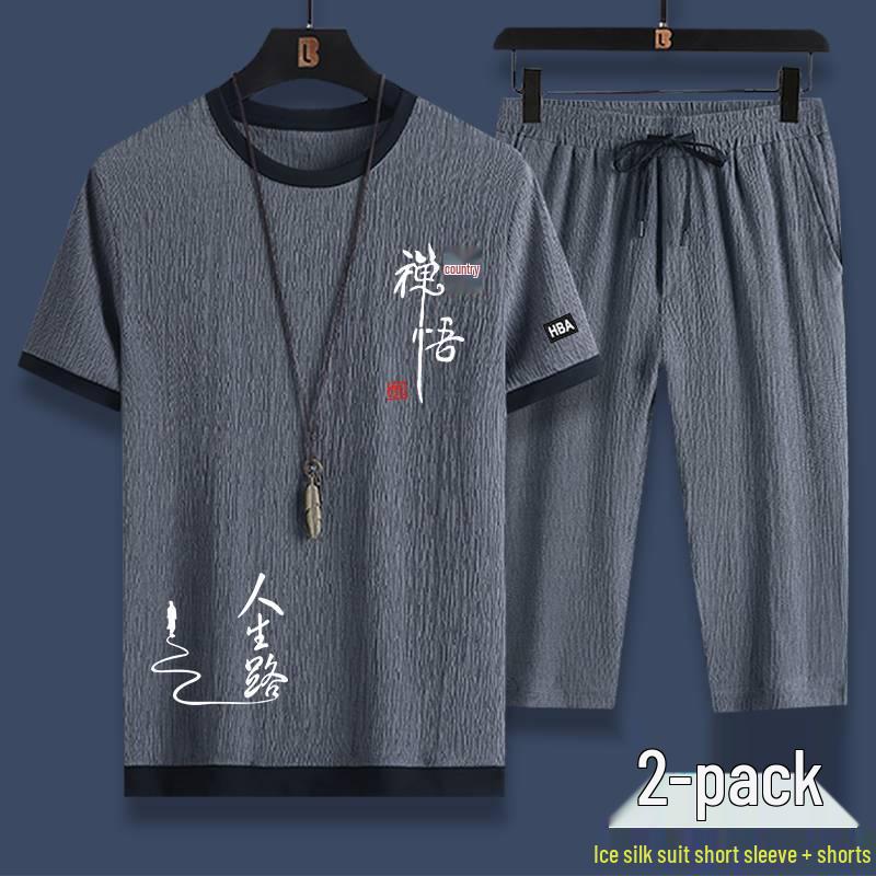 

Чоловічий літній повсякденний спортивний костюм з крижаного шовку - Комплект з двох предметів: футболка з коротким рукавом та шорти 4XL