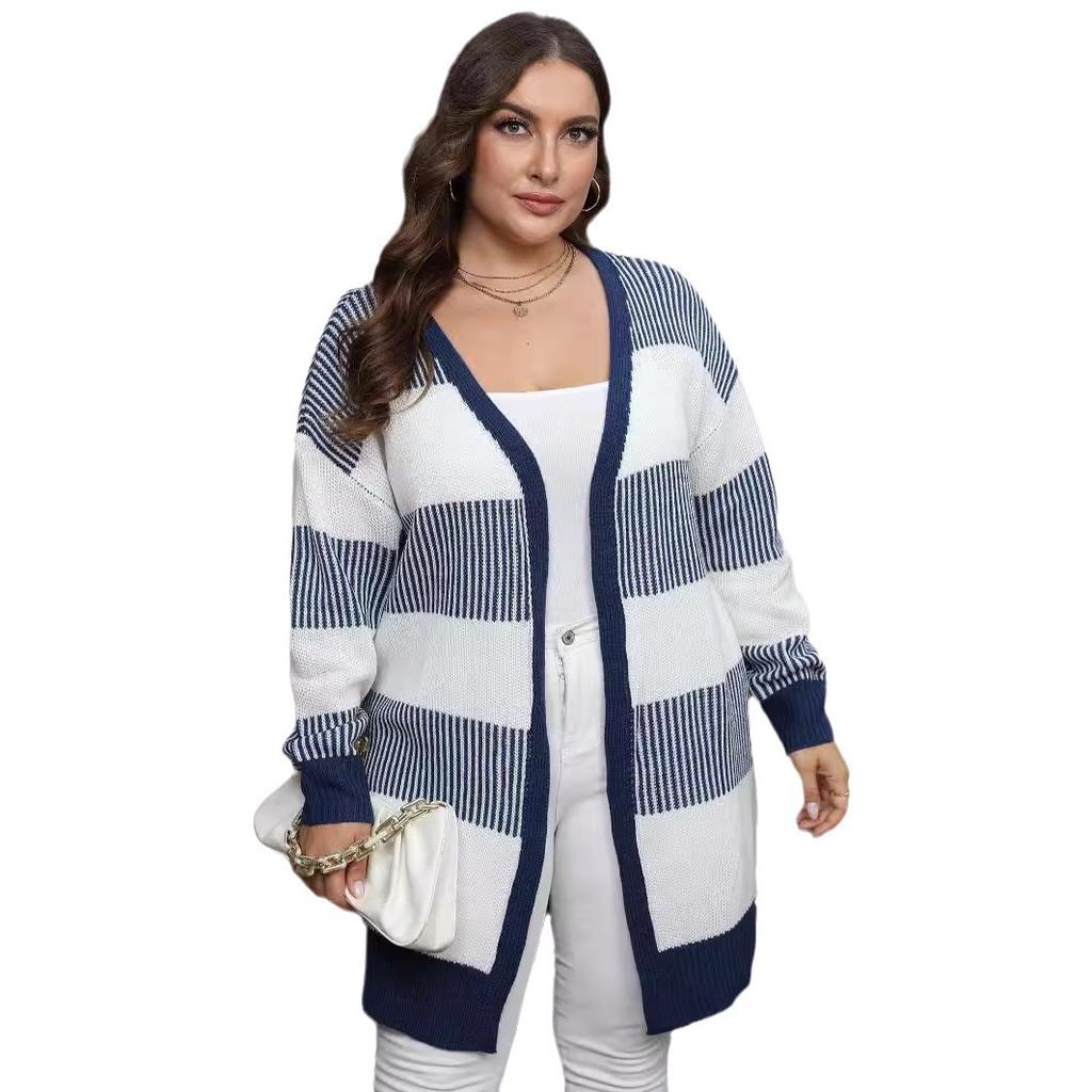 Women's Cardigan Autumn and Winter European and American Large-size Women's Clothing Contrasting Colors Striped Splicing Woven Casual Sweater Jacket