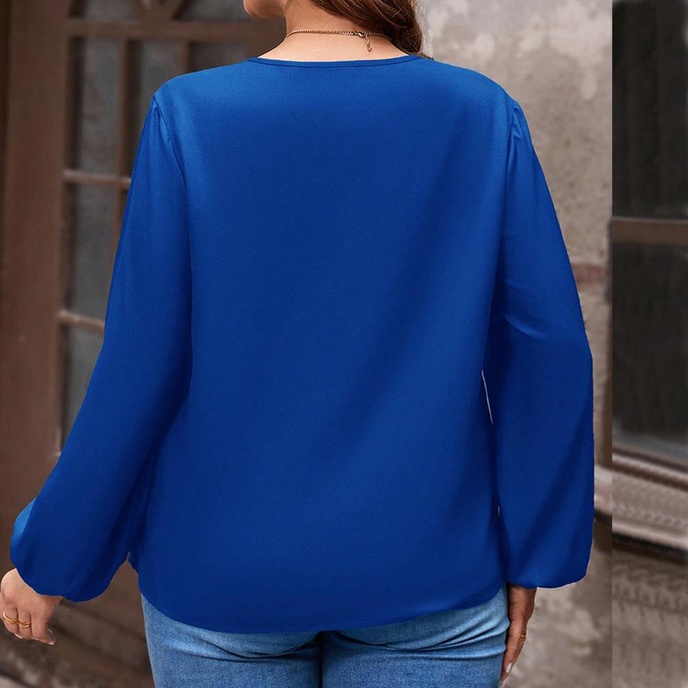 European and American large-size women's clothing autumn and winter new solid color V-neck loose casual long-sleeved T-shirt top