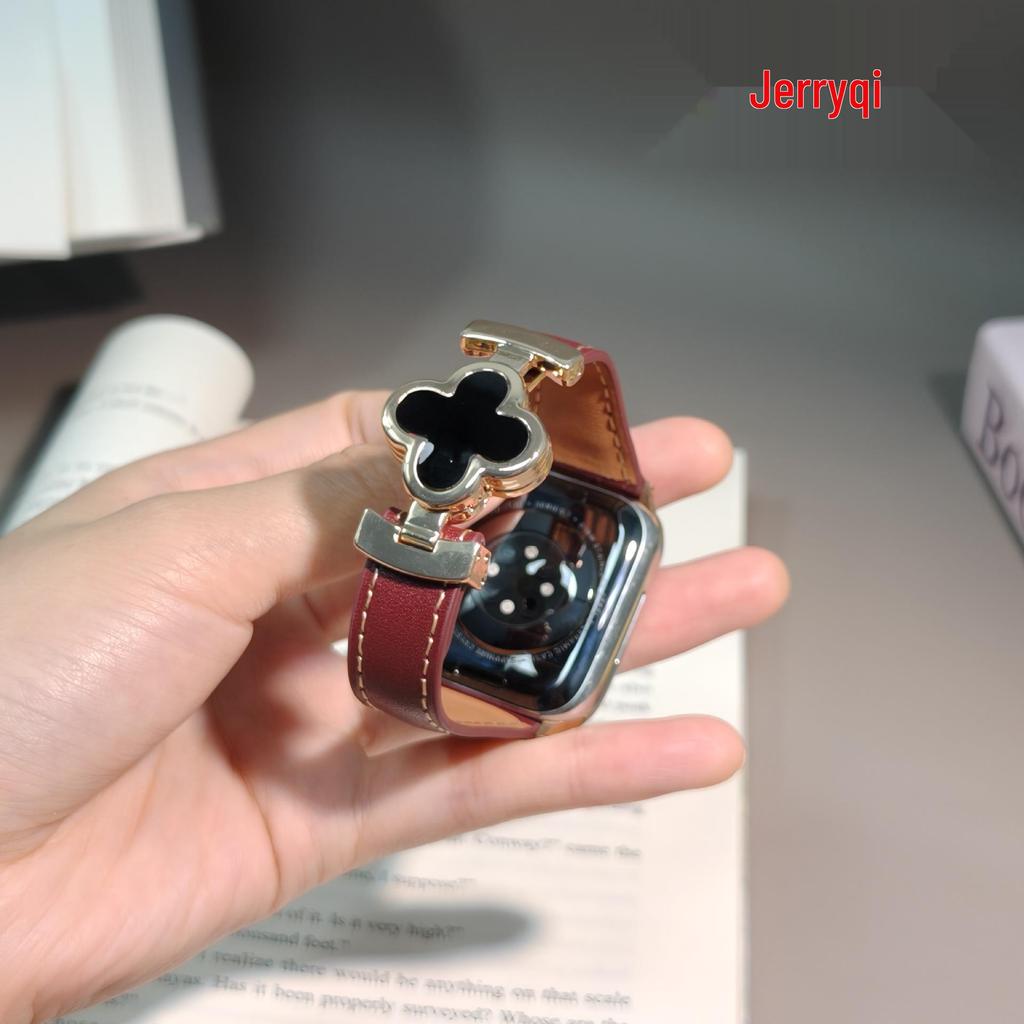 Genuine Leather Four-Leaf Clover Magnetic Buckle Watch Band for Apple Watch Series 6-11