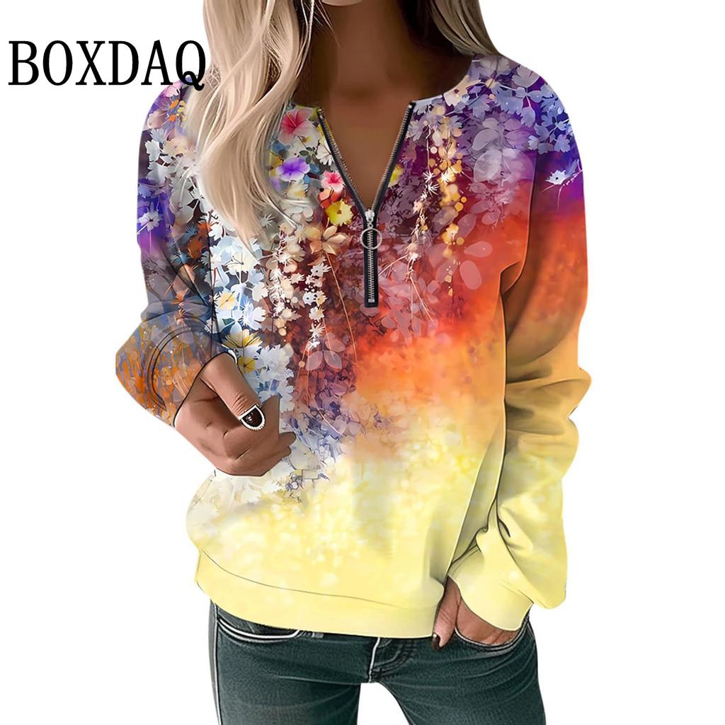 Tie Dye Farbverlauf Blumen 3D Gedruckte Hoodies Für Damen Herbst Winter Sweatshirts Langarm V-Ausschnitt Reißverschluss Lässige Sport Oberteile