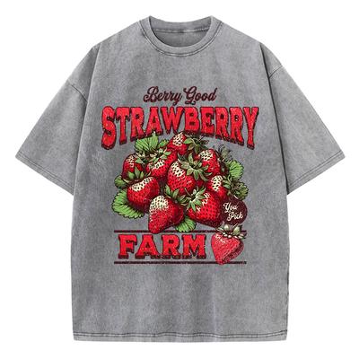 Bavlněná dámská trička s kyselým praním Jahodová farma Retro potisky Trička Pohodlná s kulatým výstřihem Oversized topy Módní oblečení