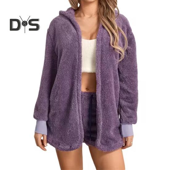 

Комплект из 2 предметов: пальто, шорты, комплект из толстой плюшевой домашней одежды, с капюшоном, длинными рукавами, открытая строчка, теплая куртка, шорты на эластичной резинке на талии L фиолетовый