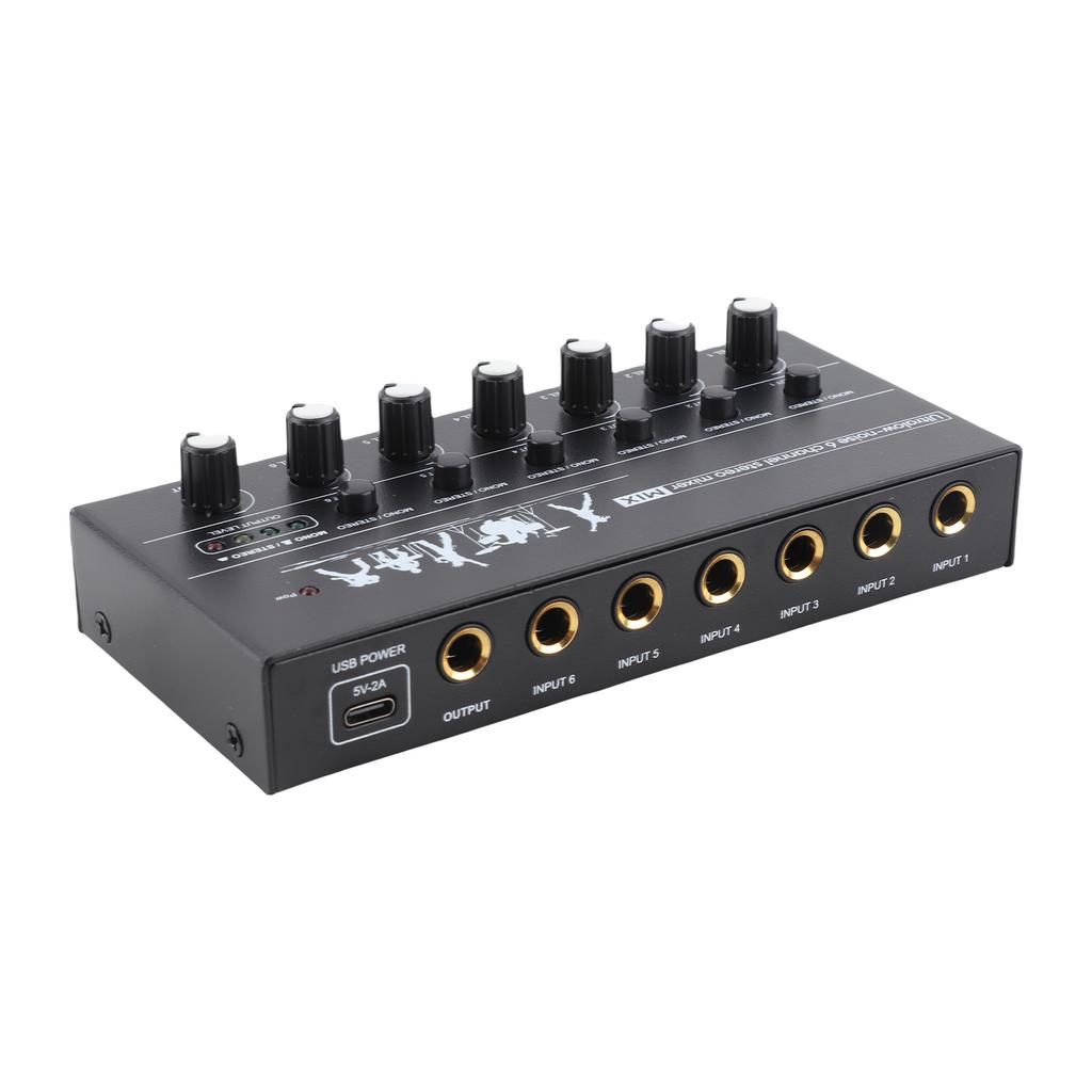 6 Channel Audio Mixer Stereo Line Mixer Metal Shell USB Type C Power Supply for Guitar Bass Keyboard Stage 6.35mm Mono