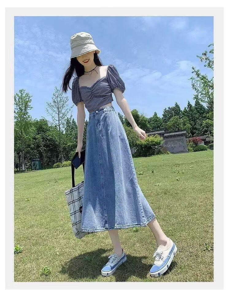 2024 Spring/Summer Women's High Waist Denim Midi Skirt - Slimming Casual Mid-Length In Dark Blue