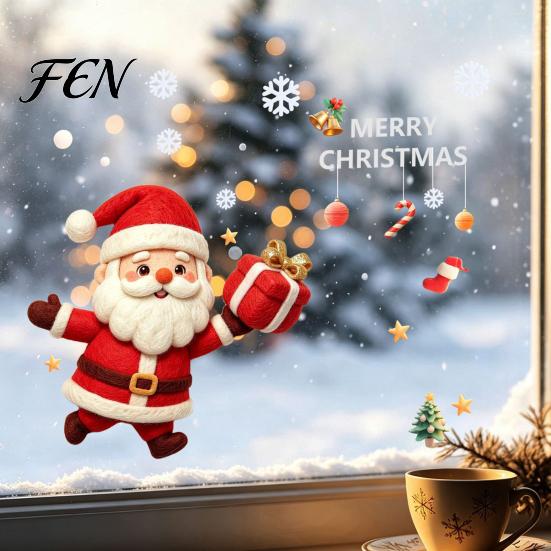 Easy Apply Glass Decorations Christmas Santa Claus Static Sticker, Removable PVC Window Decal, Waterproof Holiday Party Wall Art Decor for Doors