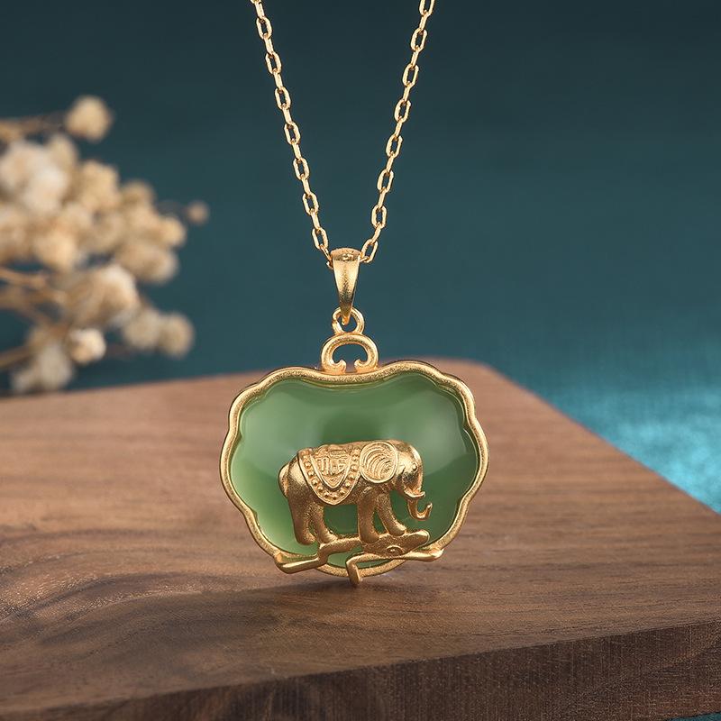 

Jade Elephant Pendant Necklace Charm 18K Gold Plated Chain Retro Dainty Gemstone
