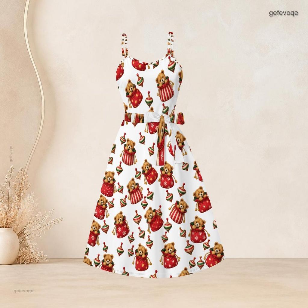 Women Plus Size Two Piece Set Long Sleeve Cropped Shrug Strappy Tie Waist Christmas Bear Printed White Dress