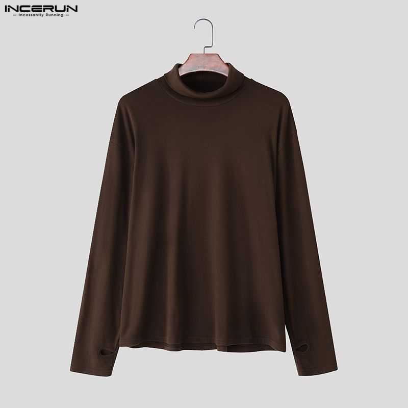 INCERUN Spring Autumn Men Solid Color High Collar Long Sleeve Fitted Tops Undershirts
