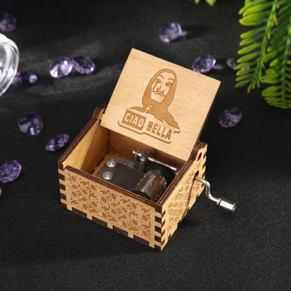 Retro Carved Wood Music Box Creative Chic Hand Cranked Music Box Wooden Hand Cranked Music Box Halloween Christmas Gifts