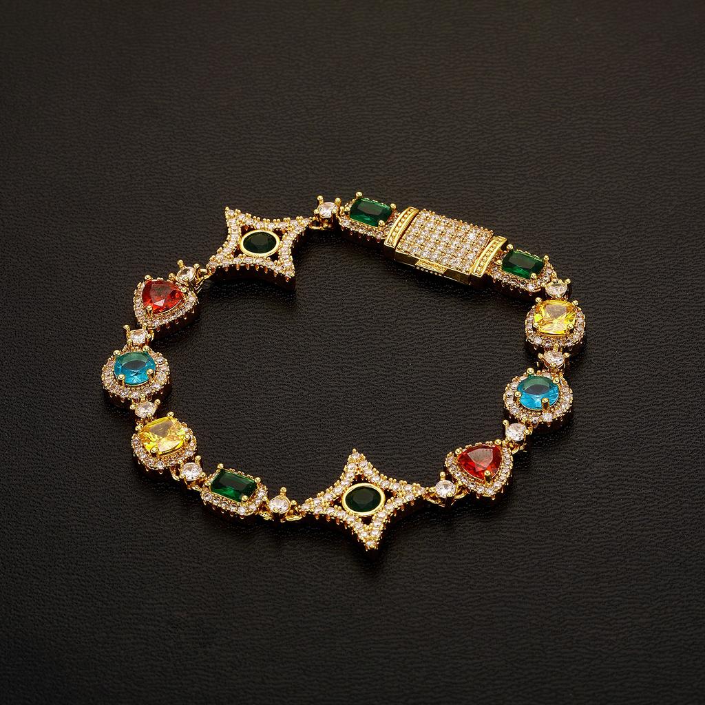 Hip Hop Colored Gemstone Chain Zircon Men's Star Necklace Fashion Triangle Bracelet