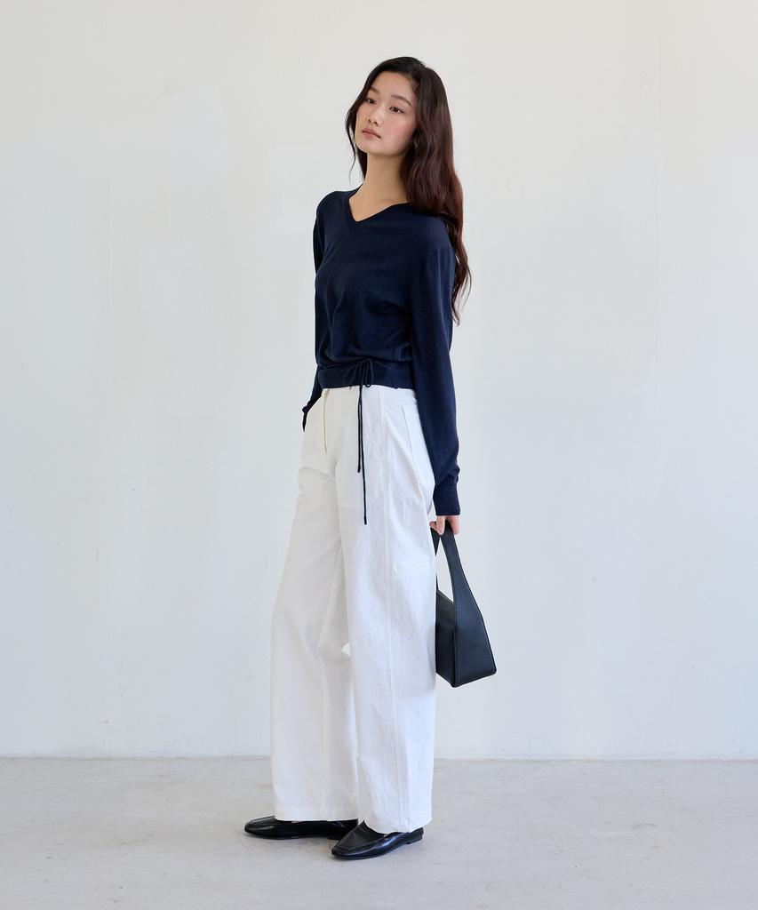 THEELO Strap Detail V-Neck Knit Top (Navy)