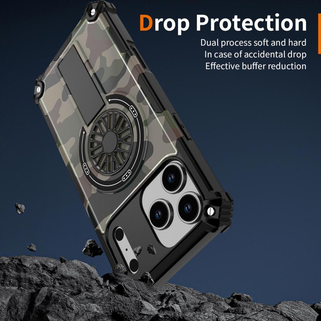 Painting Army Camouflage Carbon Fiber Magnetic Bumper Phone Case With Kickstand For iPhone 17 16 15 Pro Max Samsung S25 S24 A56 Hard Protective Cover