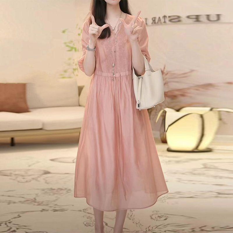 

Летнее свободное повседневное платье с вышивкой и рукавами 3/4, женское литературное винтажное однотонное удобное платье для женщин миди Vestidos M розовый