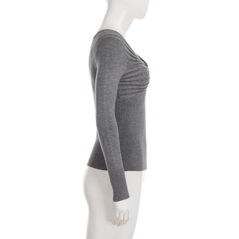 Women's European & American Style Grey Twist Slim-fit Pleated V-neck Long Sleeve Top