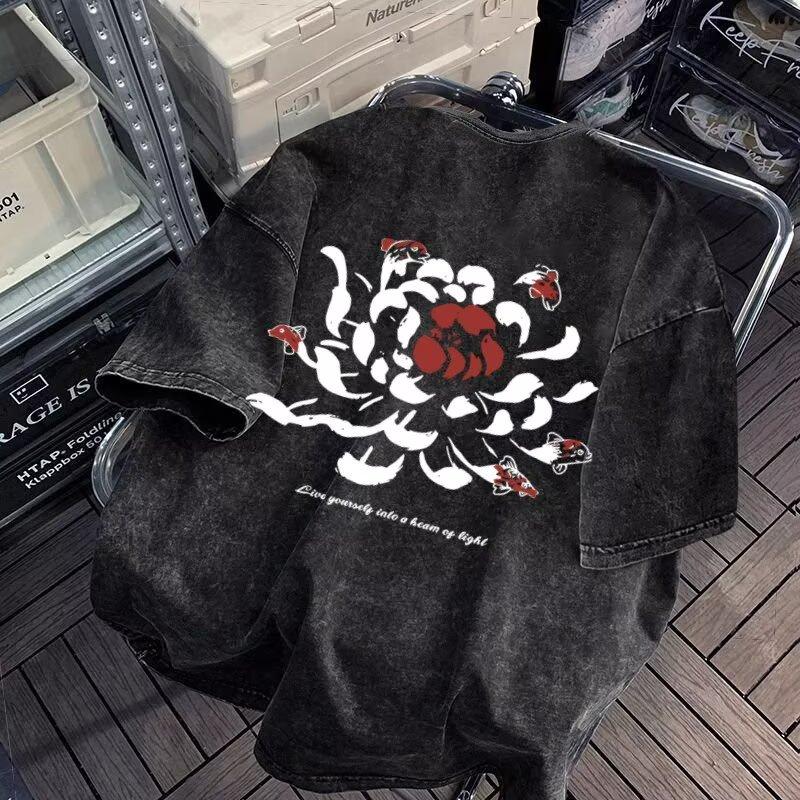 

Street Retro Printed Casual Short-Sleeved T-shirt Loose Summer Special-Interest Design Top Men M сірий колір