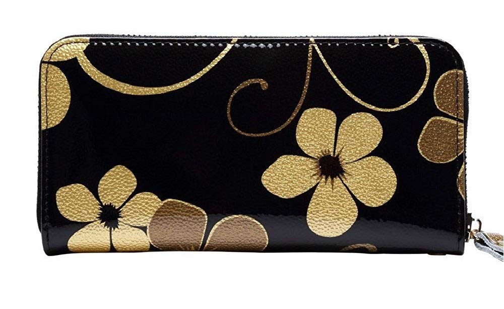Fair Fairy Genuine Leather Enamel Long Wallet 120029 Floral Print stains and scratches do not affect Women's Zip-Around (Black (Small use))