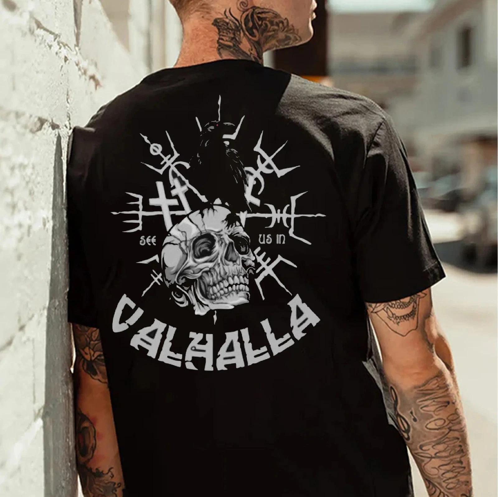 VALHALLA Crow Skull Black Print T-Shirt XL