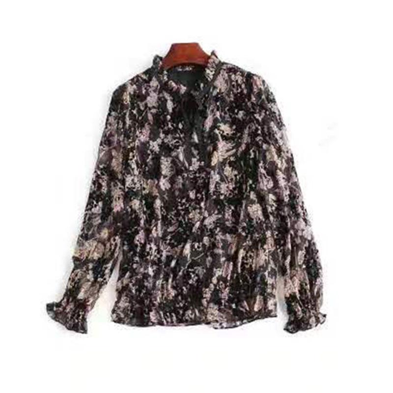 

Шифоновая рубашка с длинным рукавом, женская свободная рубашка с цветочным принтом, тонкая кружевная рубашка, топы, повседневная дышащая ткань XXXL чёрный