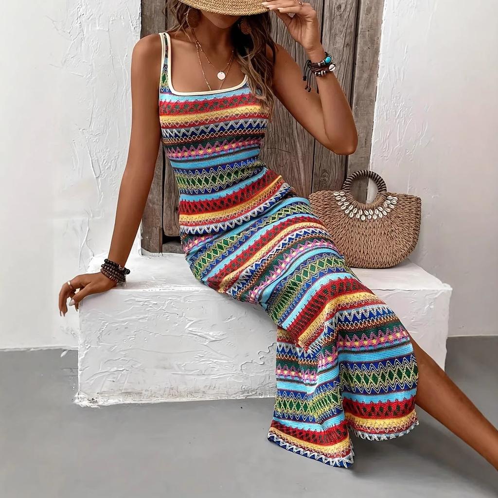 Women Casual Strap Square Collar Colorful Striped Printed High Split Package Hip One Piece Dress