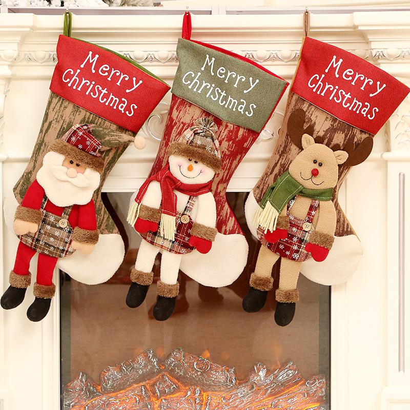 Linen Cloth Christmas Stockings With Santa Claus Snowman Reindeer Pattern For Christmas Decorations