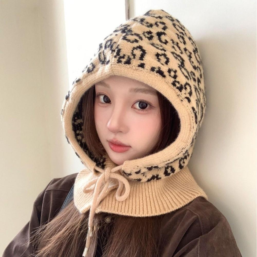 Warm Balaclava Hat Leopard Print Knitted Hooded Cap Fashion Ear Protection Hat Winter/Autumn