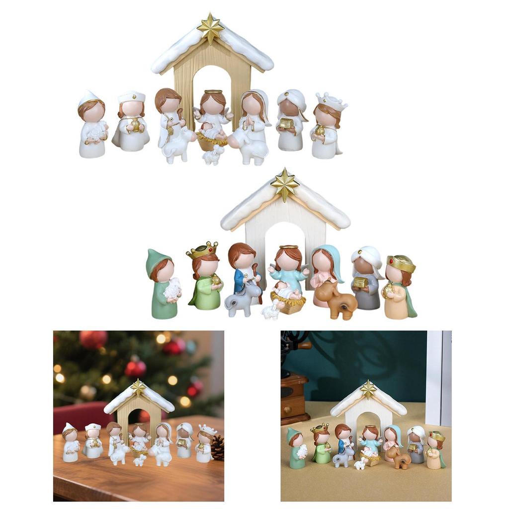 12Pcs Cartoon Holy Family Nativity Scene Set Holiday Decor Resin Craft