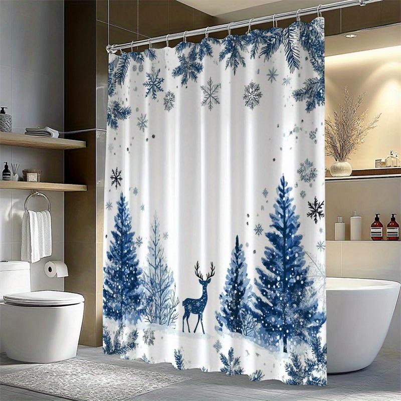 GAE1pc Blue watercolor Christmas deer pattern shower curtain, polyester fabric, machine washable, suitable for bathroom decora