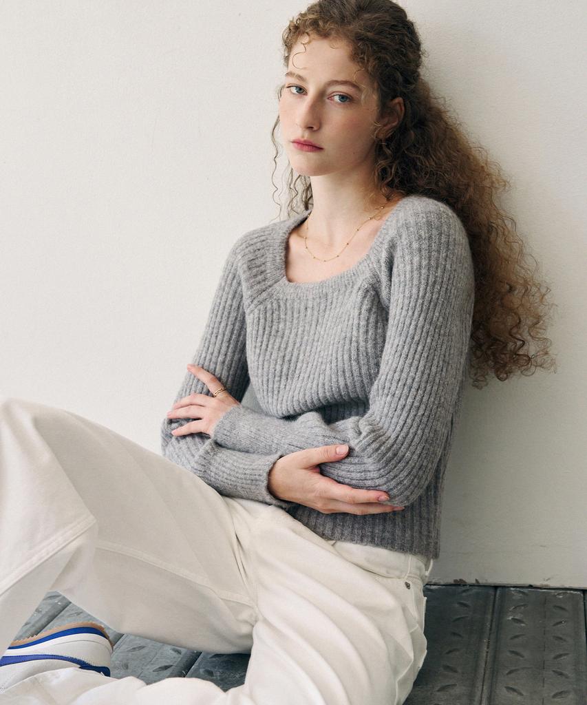 Deuloupisumeon Alpaca Volume Sleeve Square Ribbed Knit [D.Grey]