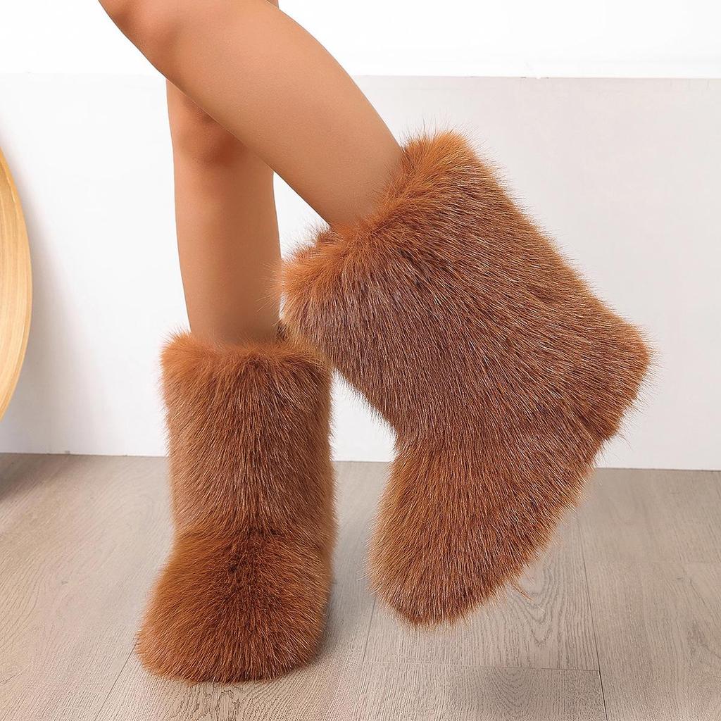 Europeiska Y2K Dam Mid-Calf Pälssnöskor - Varma, Moderiktiga, Plattbottnade Vinterstövlar