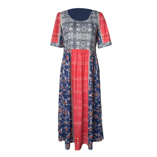 Summer Lady Dress Pleated Ethnic Style Print A-line Loose Hem Side Pockets Round Neck Soft Bohemian Short Sleeves Mid-calf Length Women Daily