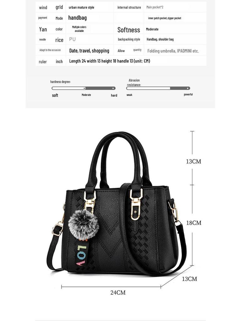 2024 New Korean Style Fashion Embroidered Women's Handbag with Large Capacity and Pom-Pom Pendant