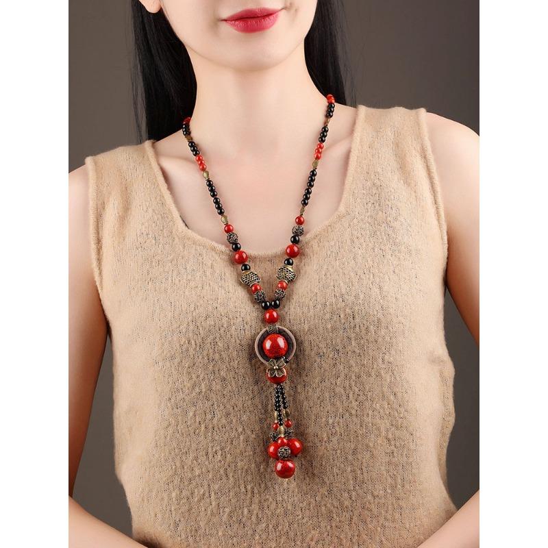 GEMCHIC Damen Vintage Ethnischer Stil Lange Pulloverkette mit Roten Perlen und Fischanhänger aus Legierung Chinesischer Klassischer Schmuck