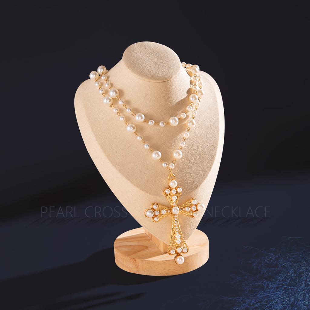 Exaggerated Personality Punk Style Imitation Pearl Necklace Cross Sweet and Cool Long Pendant Necklace Women