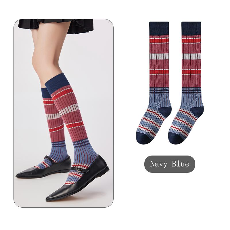 Autumn/Winter Women's Knee And Calf Mid Length Socks Retro Colorful Horizontal Stripes Leg College Style Pure Cotton Stockings