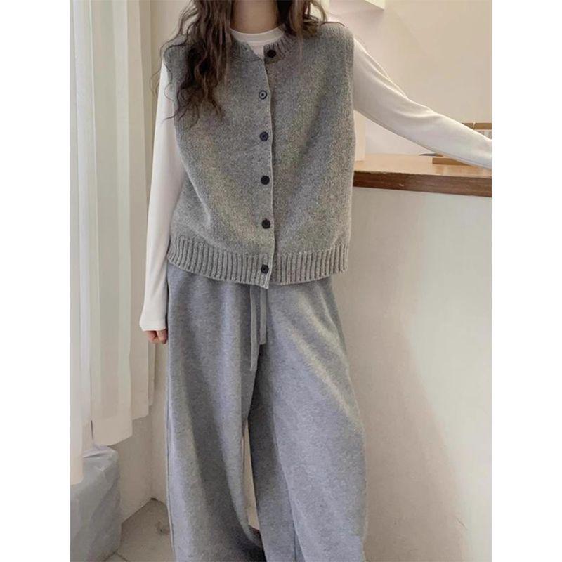 Vestă Tricotată Gri Sleeveless Single-Breasted Chic Coreean pentru Femei