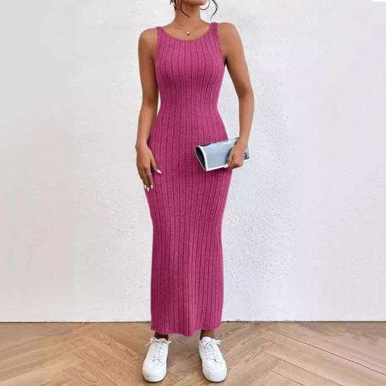 Sommerkleid für Damen, rückenfrei, schmal, ärmellos, einfarbig, elastisch, gestreift, Etuikleid, schmale Taille, O-Ausschnitt, gestrickt, Maxikleid, langes Urlaubskleid