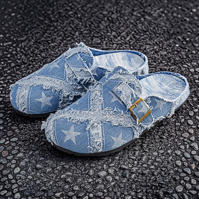 Men Denim Frayed Edge Closed Toe Soft Sole Slip On Outdoor Casual Summer Slippers