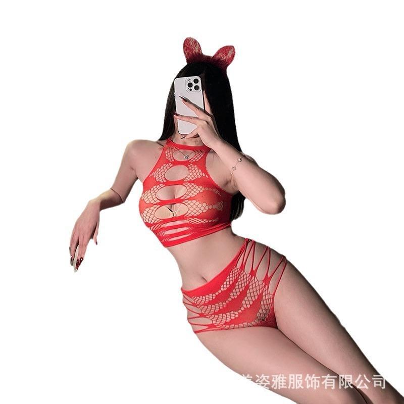Tear Hollow Jacquard Split Type Sexy Slim Fit Free Fishing Net Clothes Temptation Set Hole Qqny Lace Women