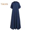Fall Spring Lady Dress V Neck Loose Short Sleeves with Cufflink Split Hem Plus Size Dress Solid Color Buttons Pullover A-line Daily Wear Beach Maxi