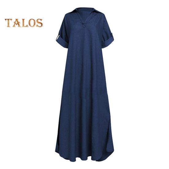 Fall Spring Lady Dress V Neck Loose Short Sleeves with Cufflink Split Hem Plus Size Dress Solid Color Buttons Pullover A-line Daily Wear Beach Maxi