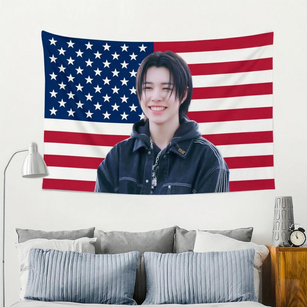 1pc US Flag Tapestry, Kpop concert wall flag. Stylish printed hanging decor for indoor space, fashionable room decoration