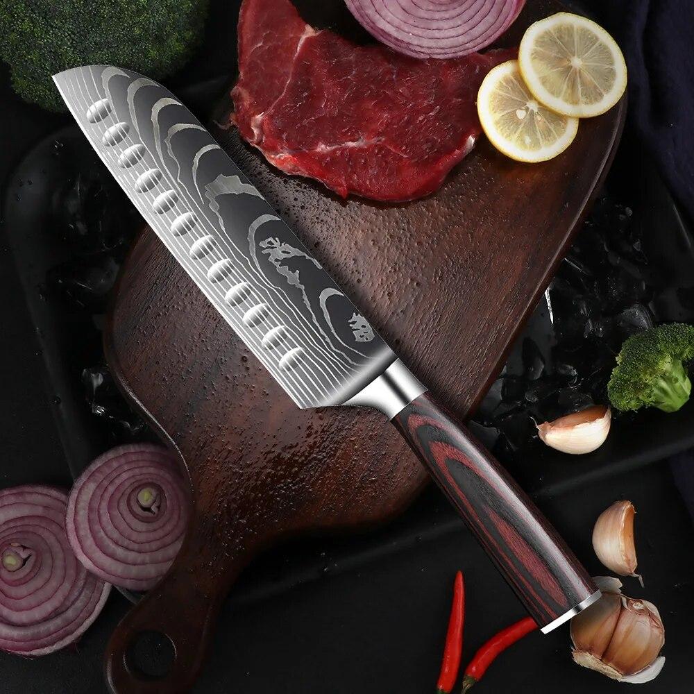 Stainless Steel Santoku Chef's Knife Japanese Laser Damasko Pattern Boning Knife Fruit Knife Cooking Multi-purpose Knife Kitchen Accessories