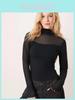 Womens Long Sleeve Basic T Shirt With Sheer Panel And High Neck For Casual Wear