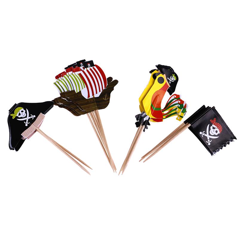 24Pcs Cake Toppers Pirate Theme Fruit Picks Insert Card Halloween Party Decor